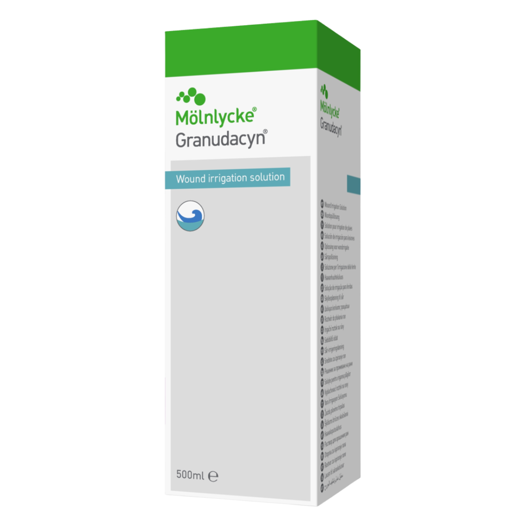 3D render of the Mölnycke Granudacyn Wound Irrigation Solution retail box packaging, 500ml size.