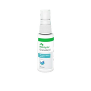A small white Mölnycke Granudacyn Wound Irrigation Solution 50ml spray bottle with a green and white label.
