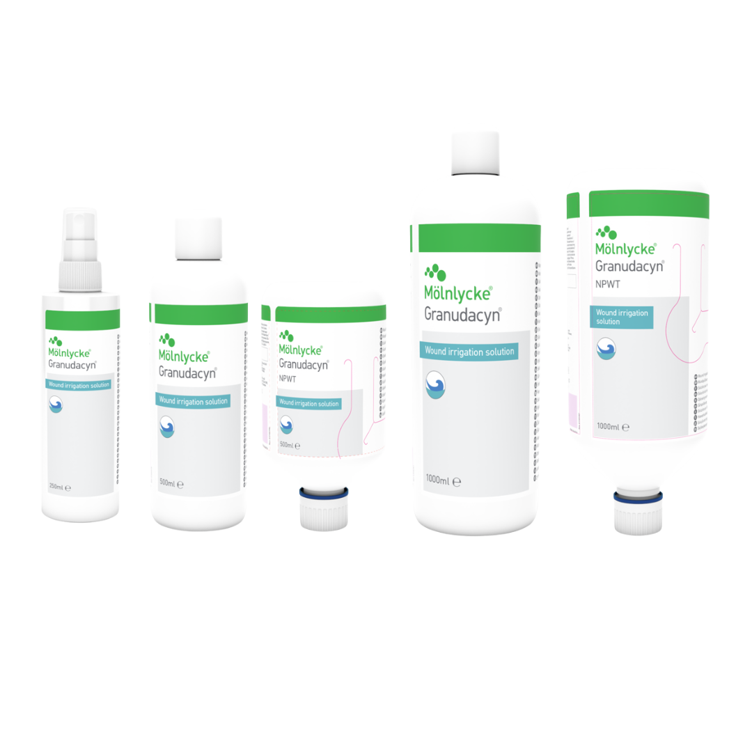 A lineup of five Mölnycke Granudacyn Wound Irrigation Solution products, showing the full range of sizes and formats, including a spray bottle, 250ml, 500ml, and two 1000ml bottles.