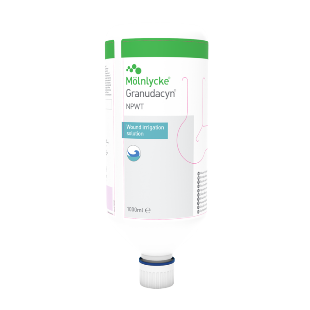 A large white Mölnycke Granudacyn NPWT Wound Irrigation Solution 1000ml bottle with an inverted fitting and pink graphics on the label.
