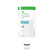 A large white Mölnycke Granudacyn NPWT Wound Irrigation Solution 1000ml bottle with an inverted fitting and pink graphics on the label.