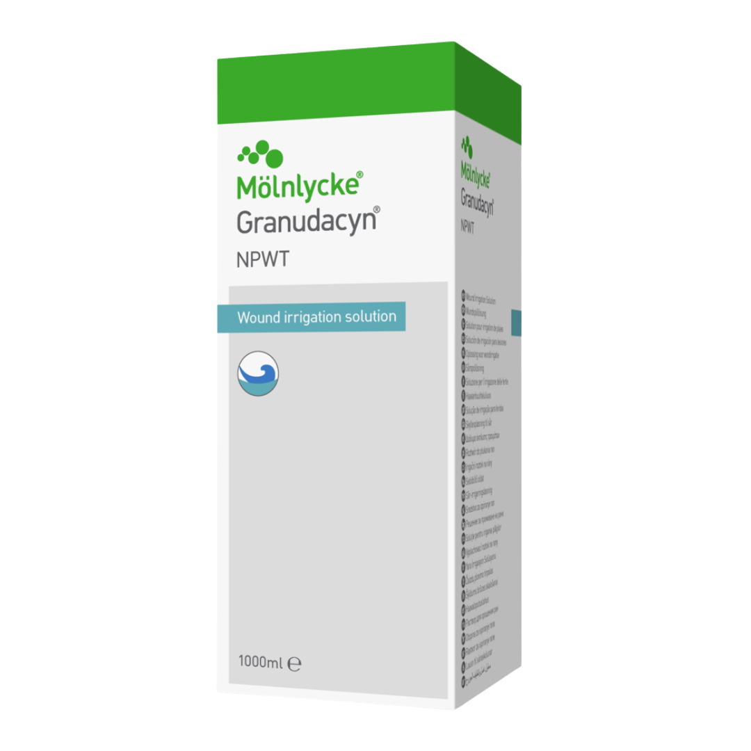 3D render of the white and green retail box packaging for Mölnycke Granudacyn NPWT Wound Irrigation Solution, 1000ml size.