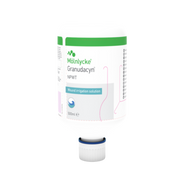 A white Mölnycke Granudacyn NPWT Wound Irrigation Solution 500ml bottle with a unique upside-down fitting and pink graphics on the label.