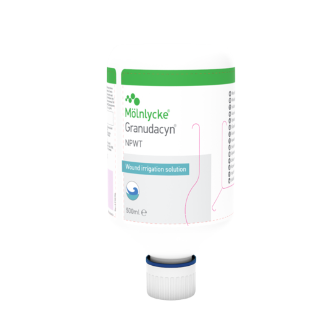 A white Mölnycke Granudacyn NPWT Wound Irrigation Solution 500ml bottle with a unique upside-down fitting and pink graphics on the label.