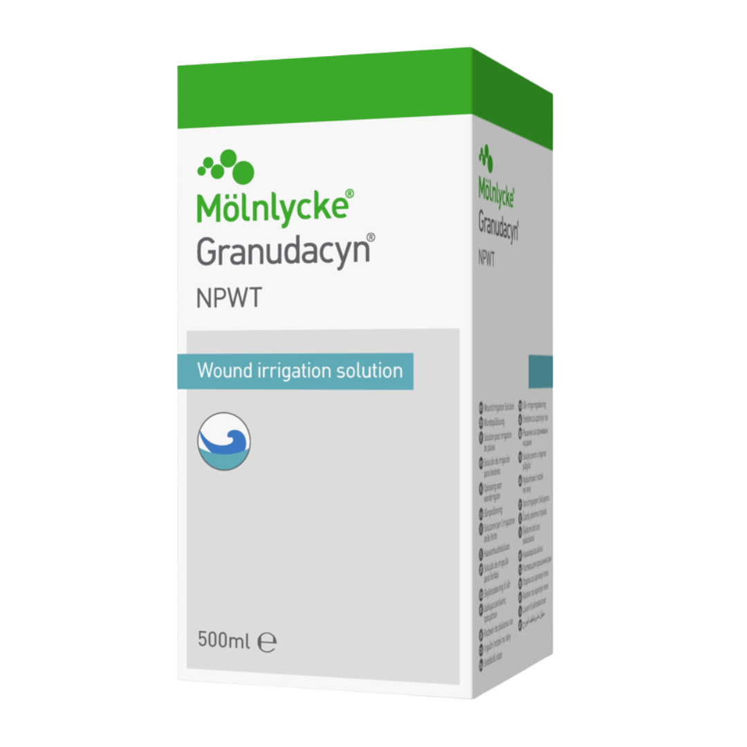 3D render of the white and green retail box packaging for Mölnycke Granudacyn NPWT Wound Irrigation Solution, 500ml size.