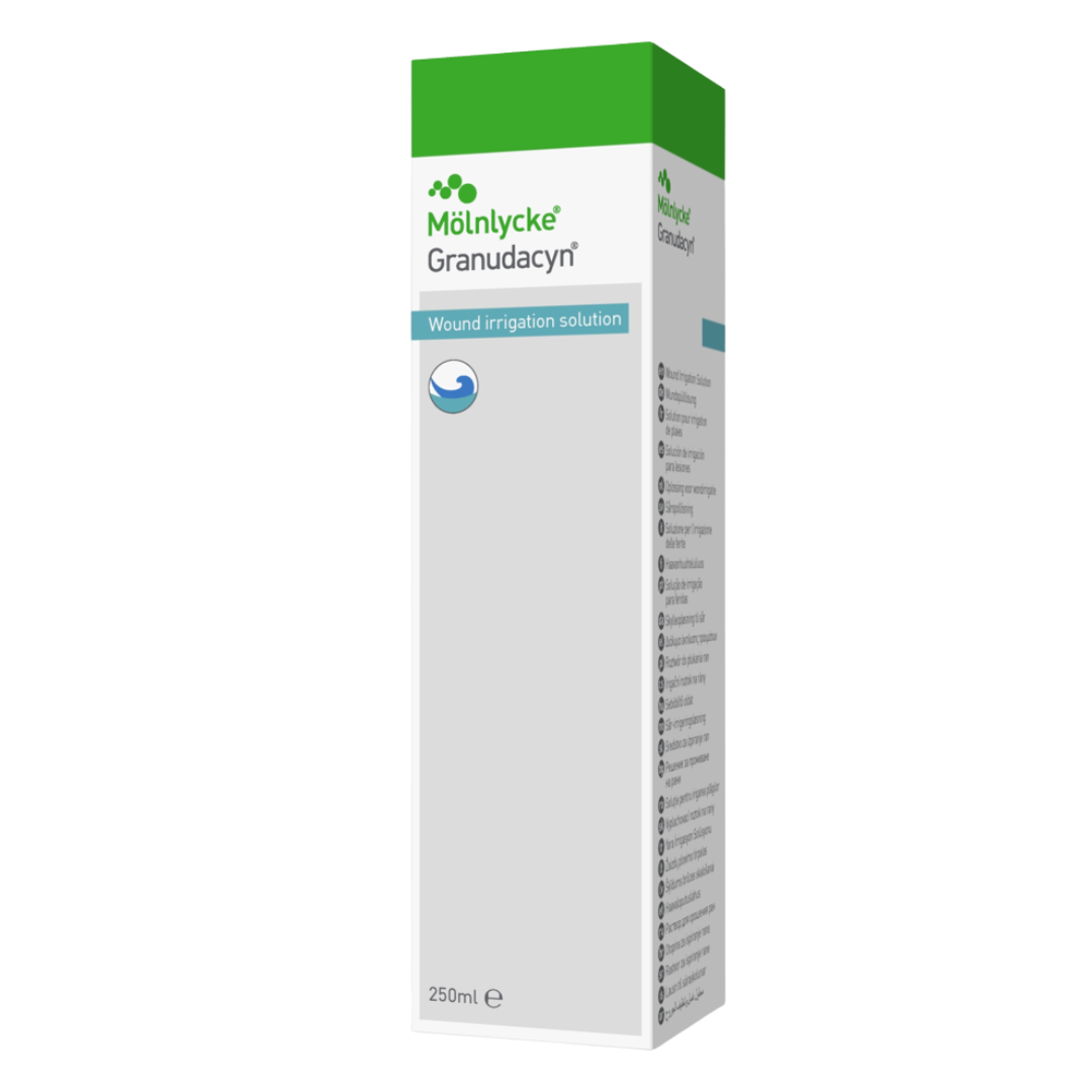 3D rendering of the retail box packaging for Mölnycke Granudacyn Wound Irrigation Solution, 250ml size.