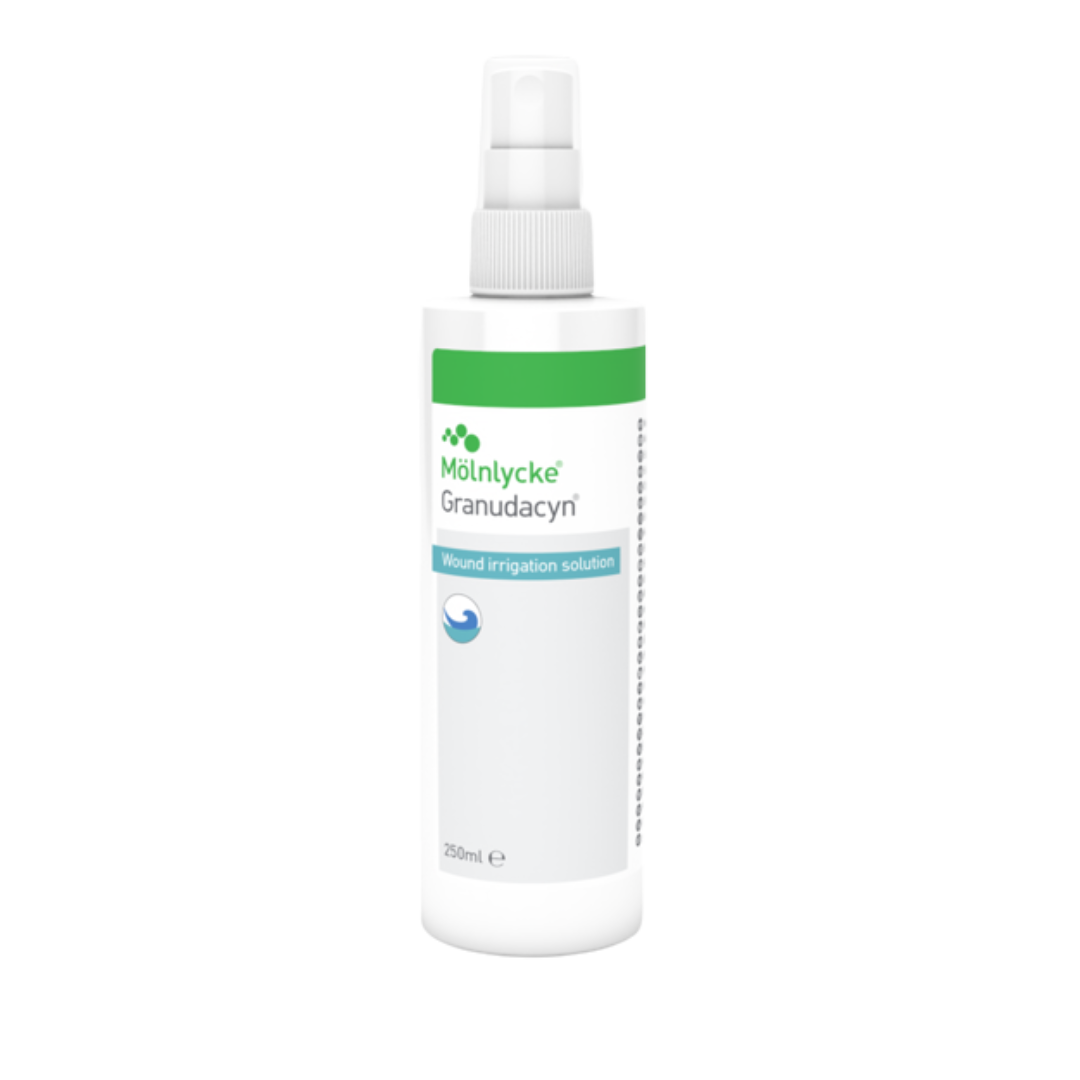A white 250ml spray bottle of Mölnycke Granudacyn Wound Irrigation Solution with a green and white label.