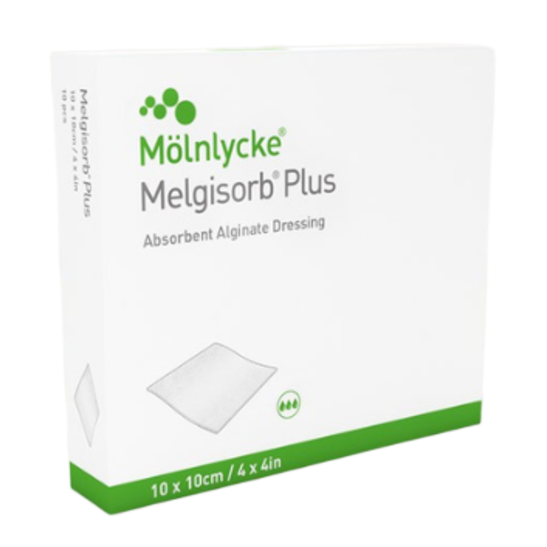 Box of Mölnlycke Melgisorb Plus Absorbent Alginate Dressings, size 10 x 10 cm (4 x 4 in).