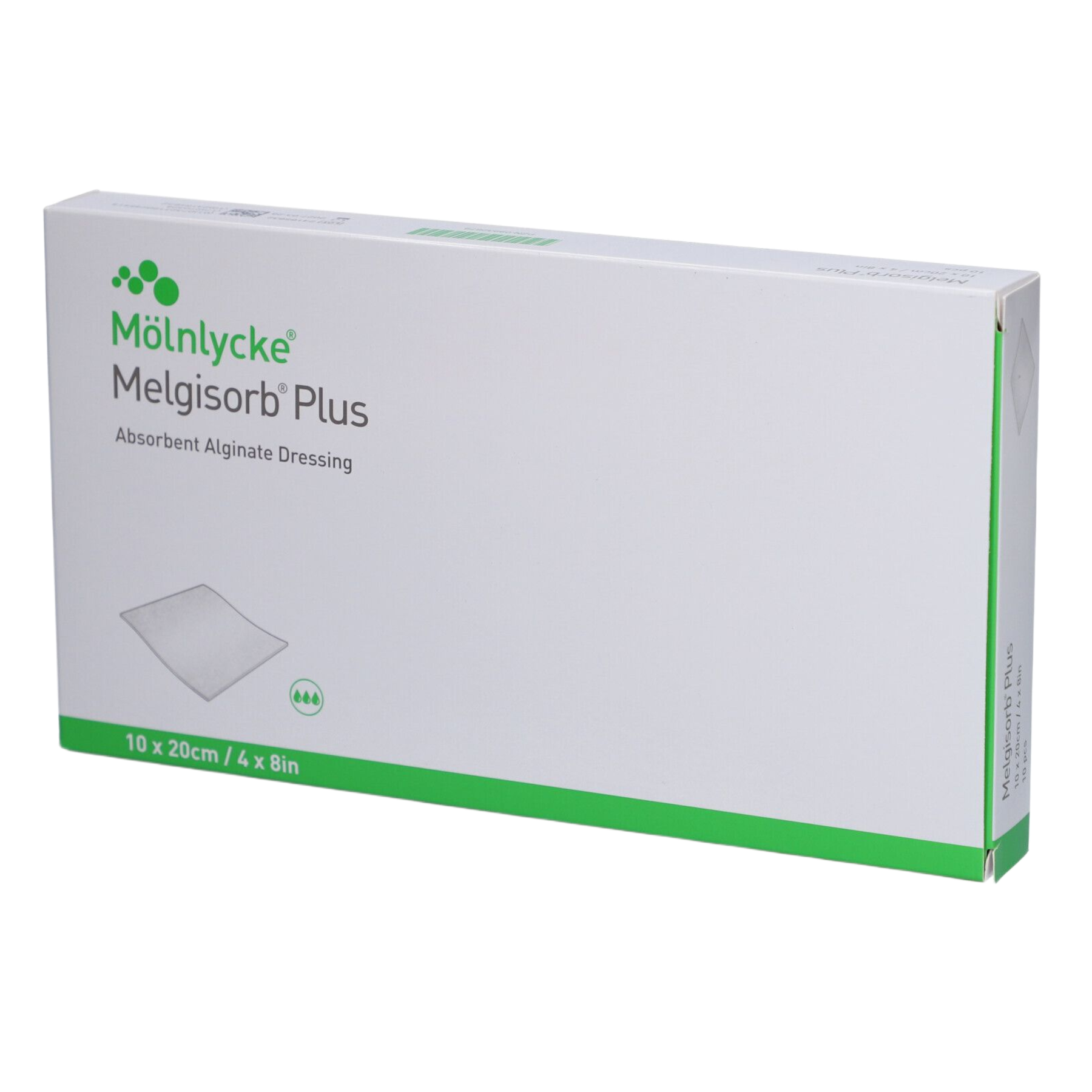Box of Mölnlycke Melgisorb Plus Absorbent Alginate Dressings, rectangular size 10 x 20 cm (4 x 8 in).