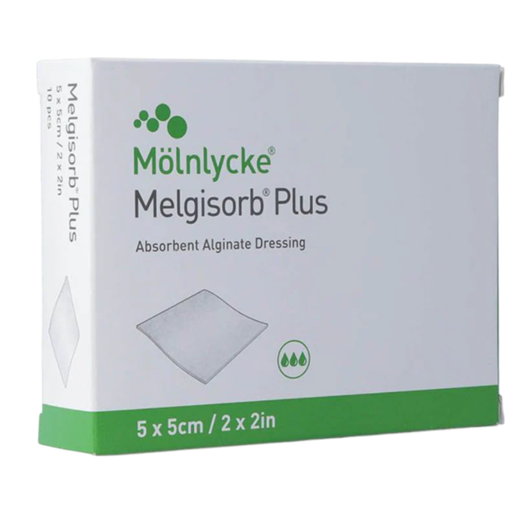 Retail packaging box for Mölnlycke Melgisorb Plus Alginate Dressing, size 5 x 5 cm (2 x 2 in).