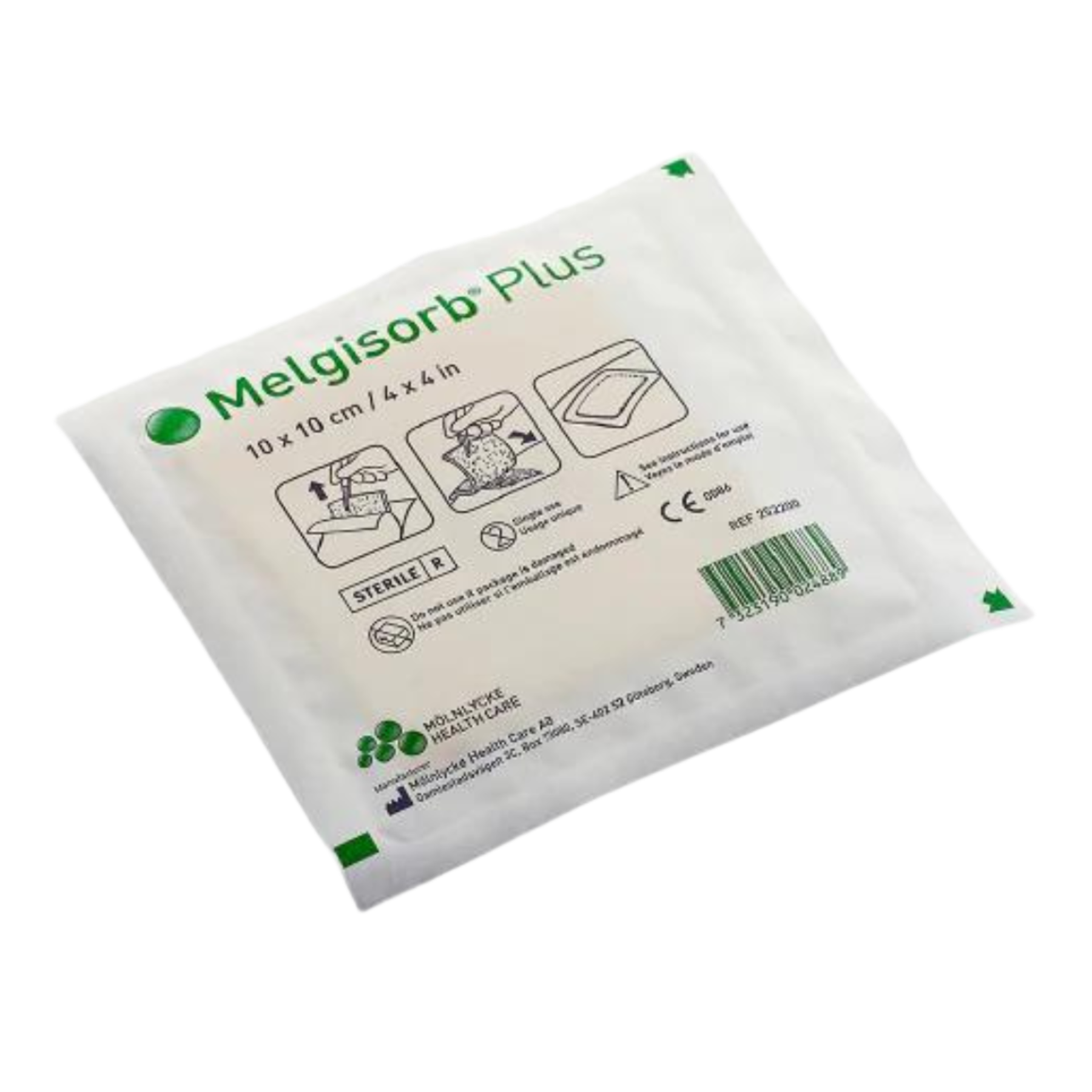 Individual sterile pouch for Mölnlycke Melgisorb Plus dressing, size 10 x 10 cm (4 x 4 in), REF 252200.