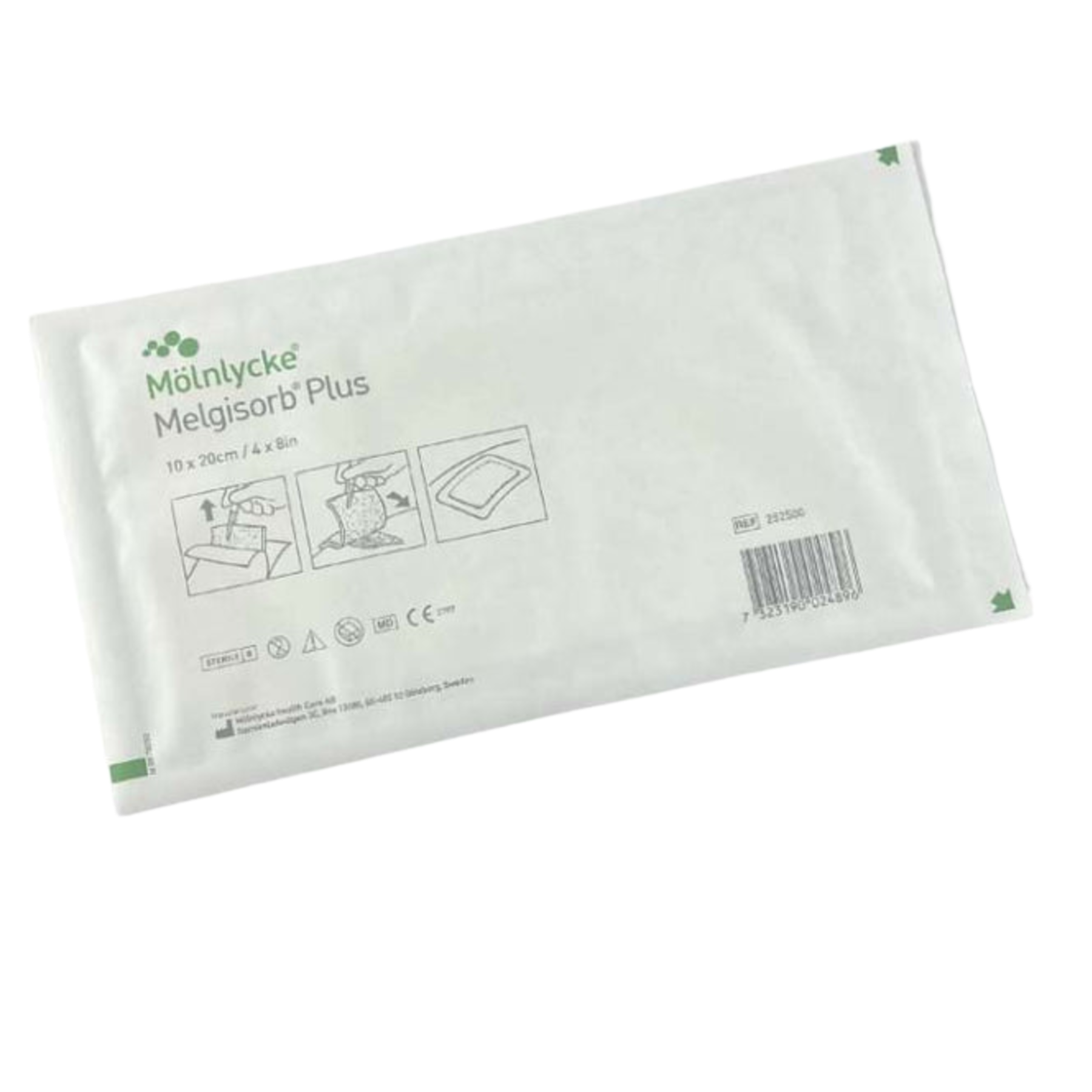 Single sterile wrapper for Melgisorb Plus dressing, size 10 x 20 cm (4 x 8 in), showing application instructions.