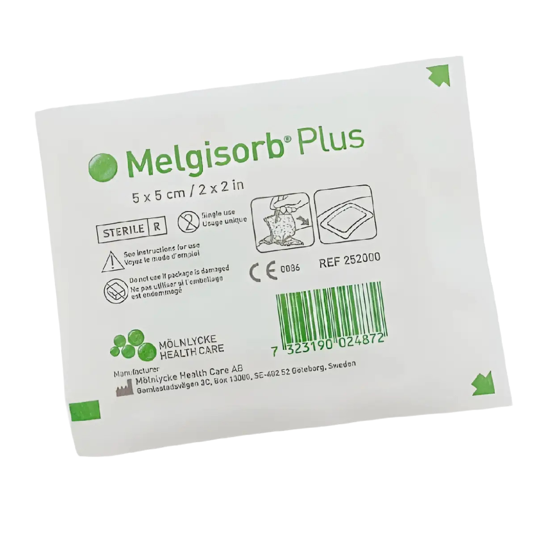 Individual sterile packet for Melgisorb Plus dressing, size 5 x 5 cm (2 x 2 in), showing REF 252000.