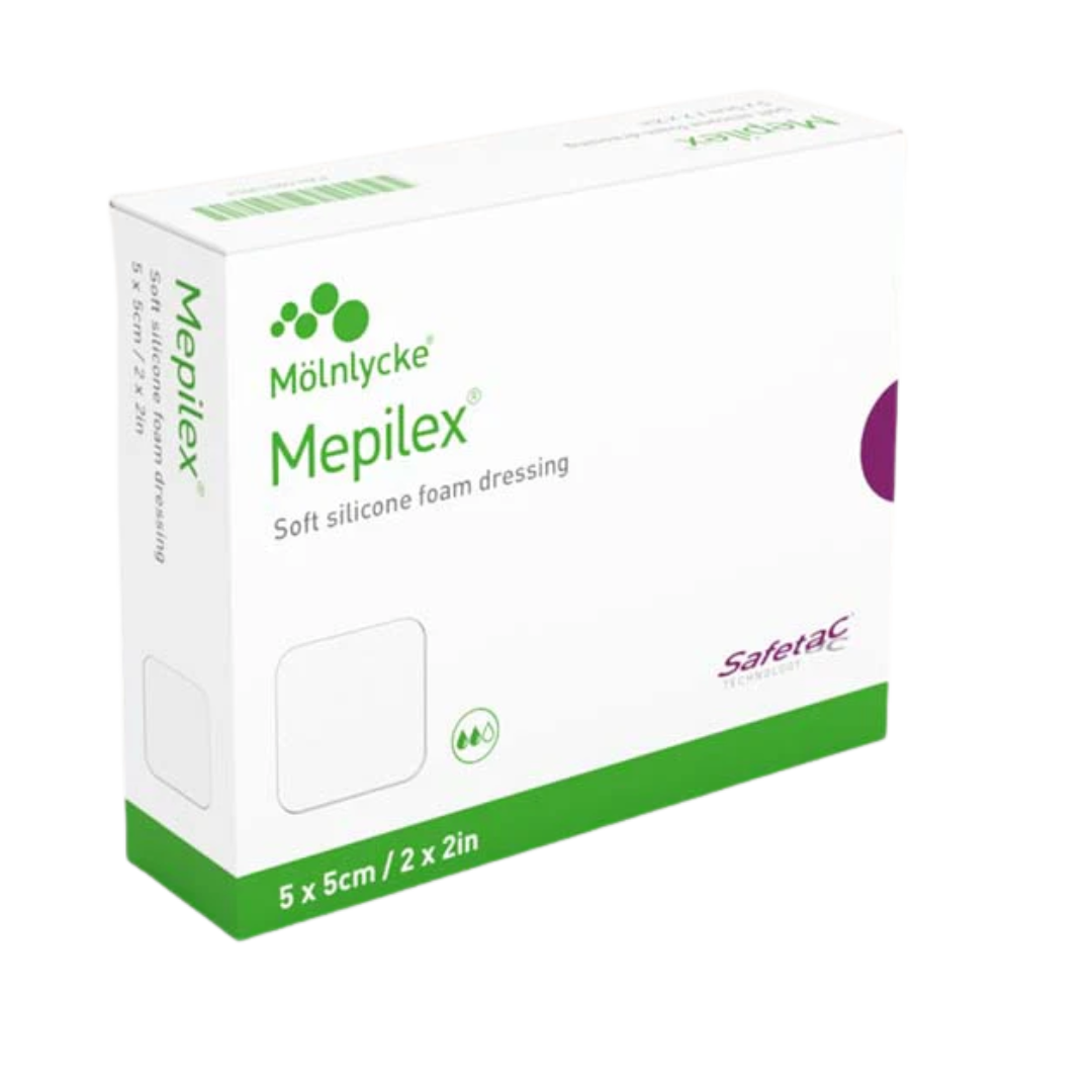 Box for Mölnlycke Mepilex non-bordered soft silicone foam dressing, size 5 x 5cm / 2 x 2in.