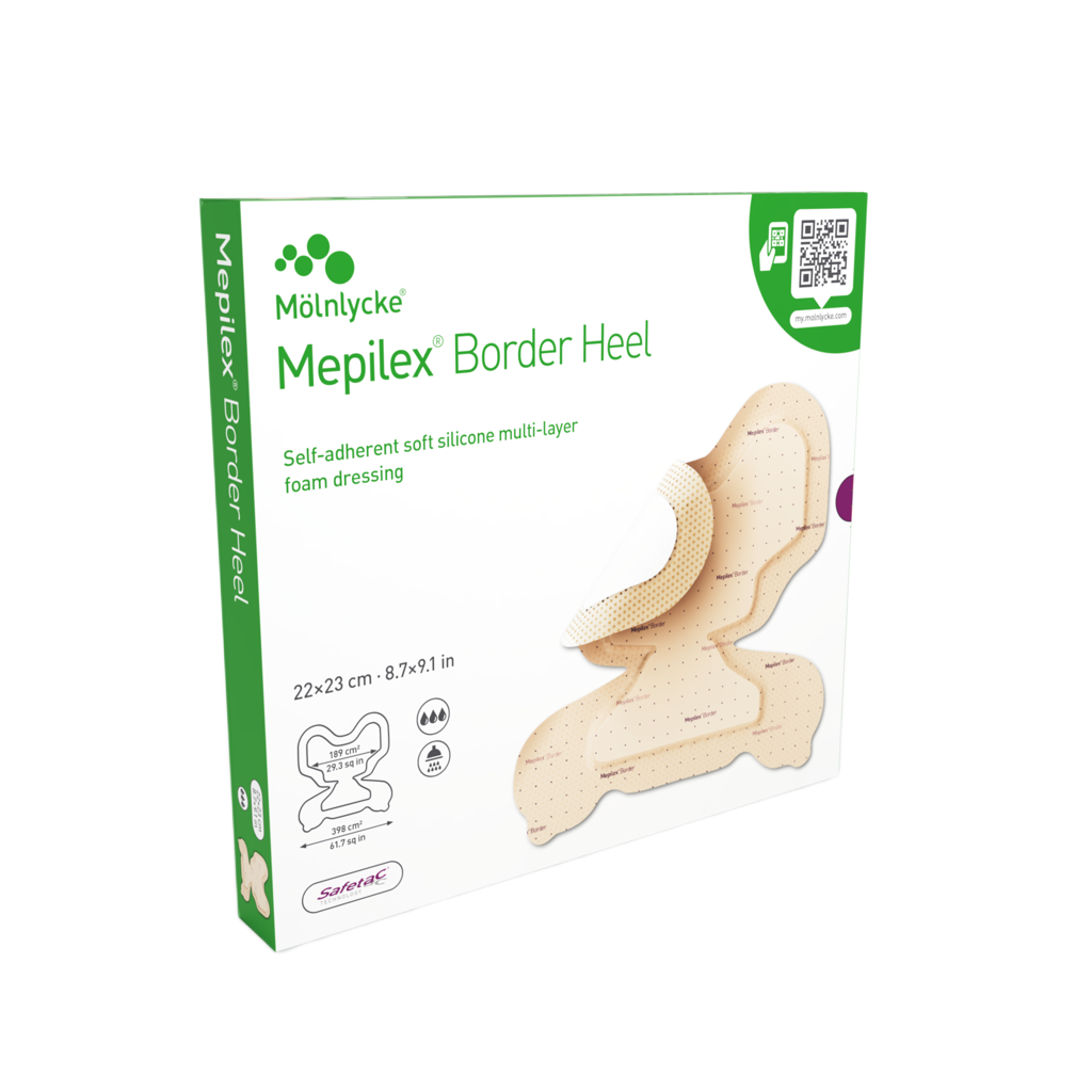Mepilex Border Heel dressings (22cm x 23cm), SKU 282710, featuring a self-adherent silicone adhesive border and multi-layer absorbent pad.