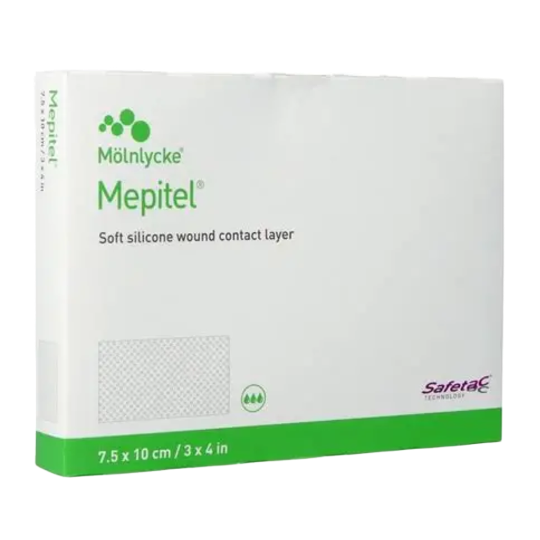 Retail box of Mölnlycke Mepitel soft silicone wound contact layers, size 7.5 x 10 cm (3 x 4 in).