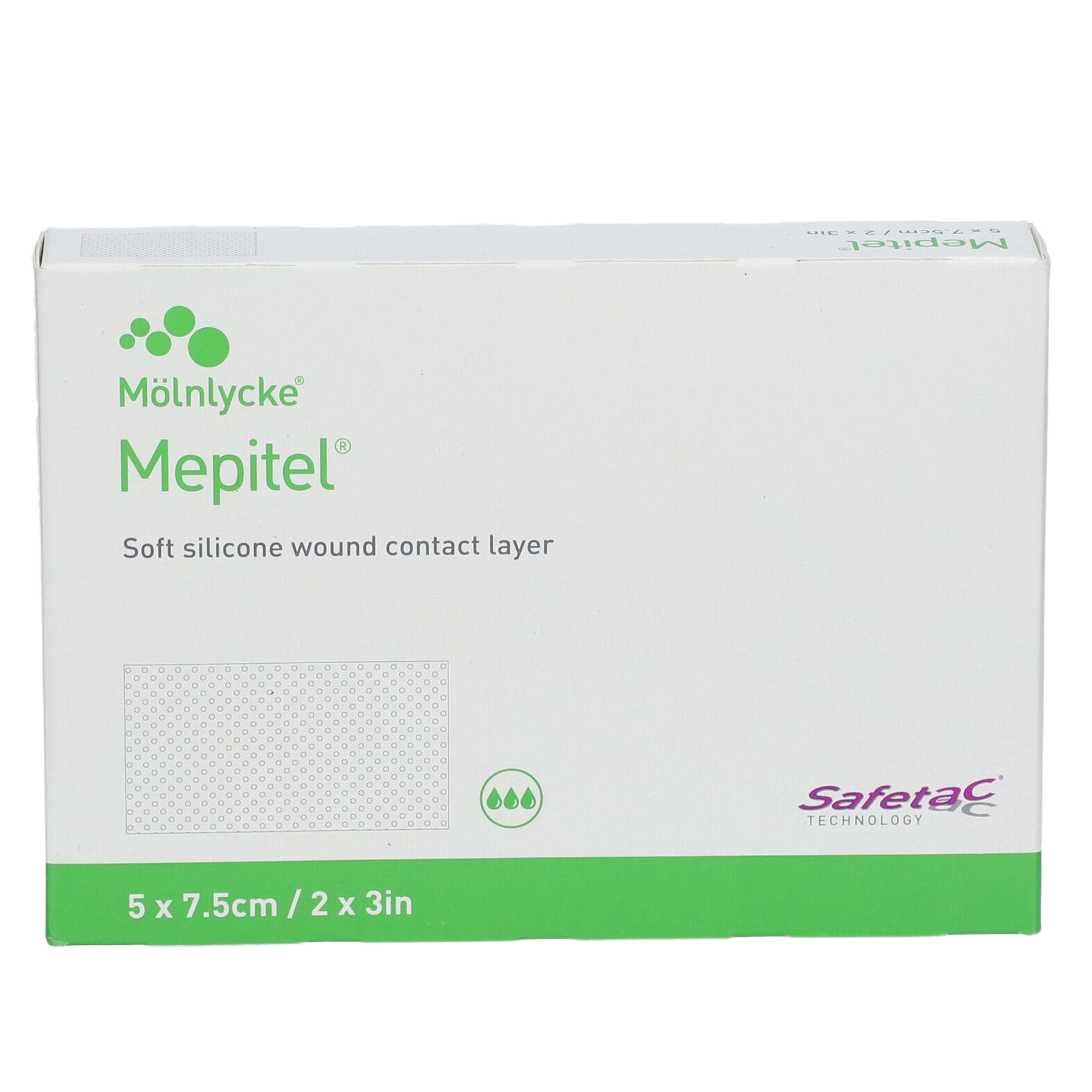 Front view of Mölnlycke Mepitel dressing box, size 5 x 7.5 cm (2 x 3 in).