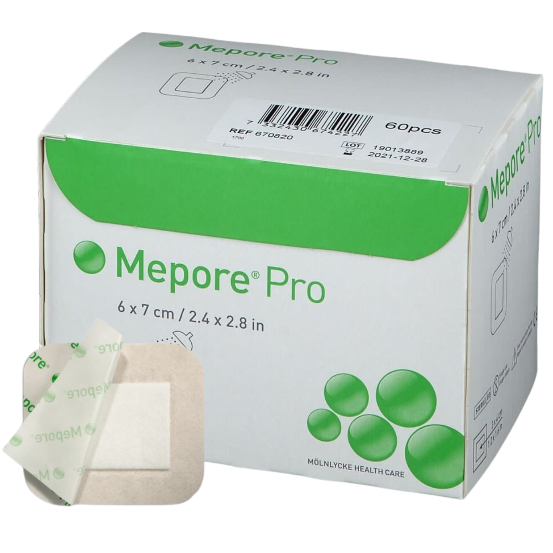 Molnlycke Mepore Pro adhesive absorbent dressing, size 6x7 cm, with peel-off backing partially removed to show absorbent pad and adhesive border.
