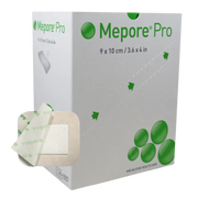 Molnlycke Mepore Pro adhesive absorbent dressing, size 9x10 cm, sterile wound dressing with soft adhesive border and absorbent pad for secure coverage.
