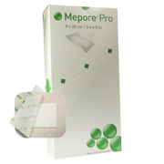 Molnlycke Mepore Pro adhesive absorbent dressing, size 9x20 cm, sterile wound dressing with soft adhesive border and absorbent pad for secure coverage.
