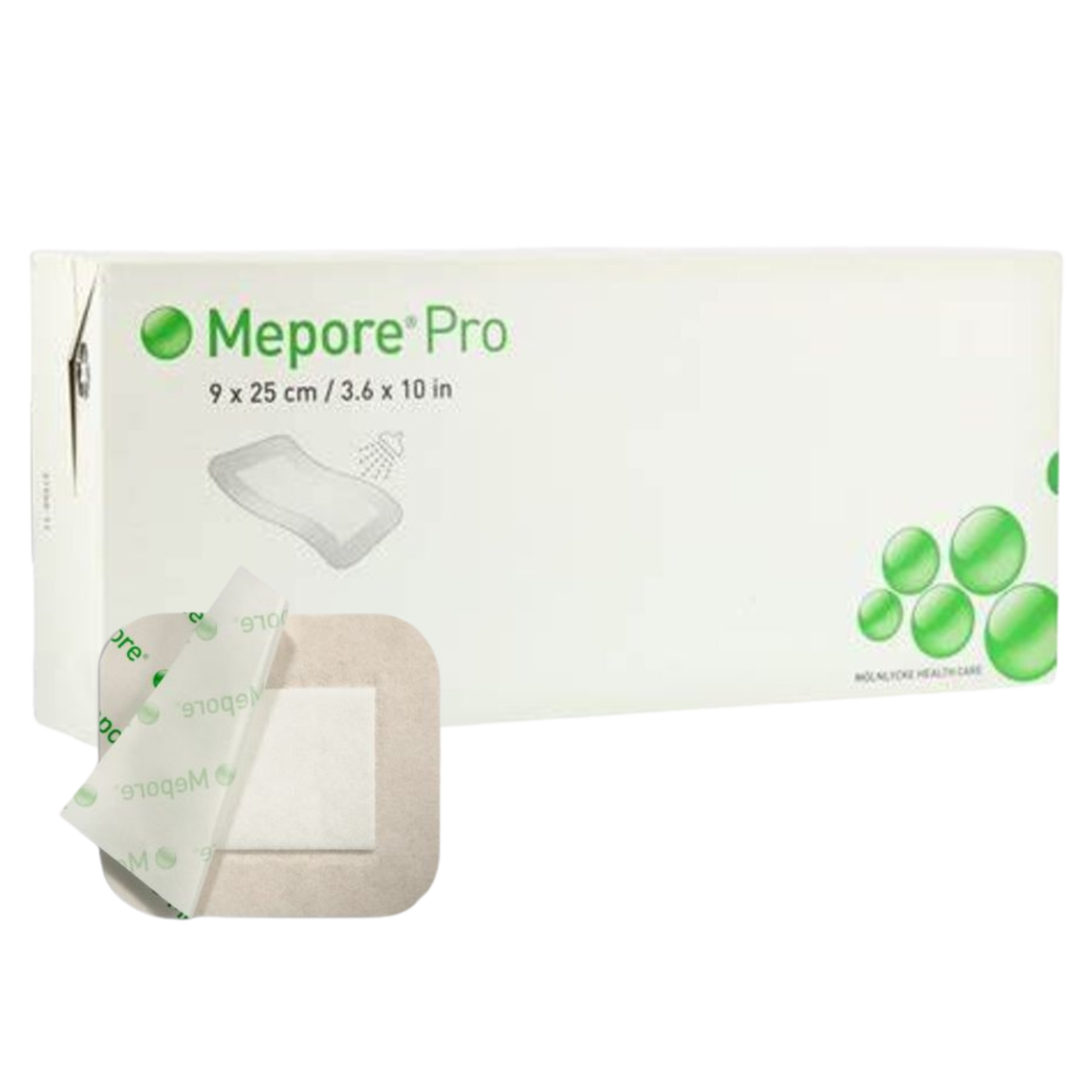 Molnlycke Mepore Pro adhesive absorbent dressing, size 9x25 cm, sterile wound dressing with soft adhesive border and absorbent pad for secure coverage.
