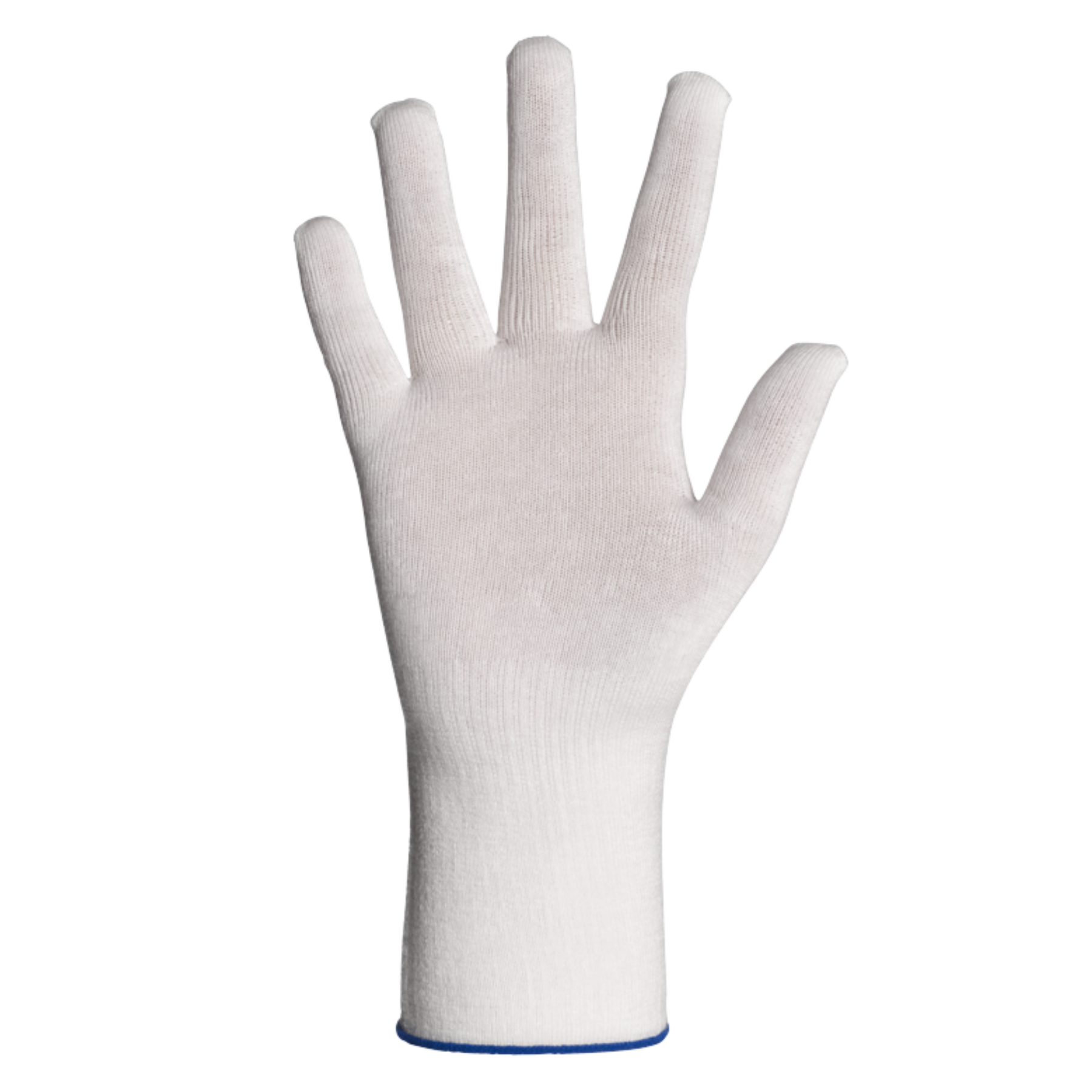A single white Tubifast knitted glove shown upright against a light grey background, featuring a thin blue trim at the wrist.