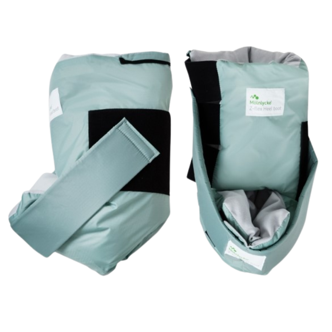 Mölnlycke Z-flex Heel Boot in sage green, designed for offloading pressure and preventing heel ulcers in bedbound patients.
