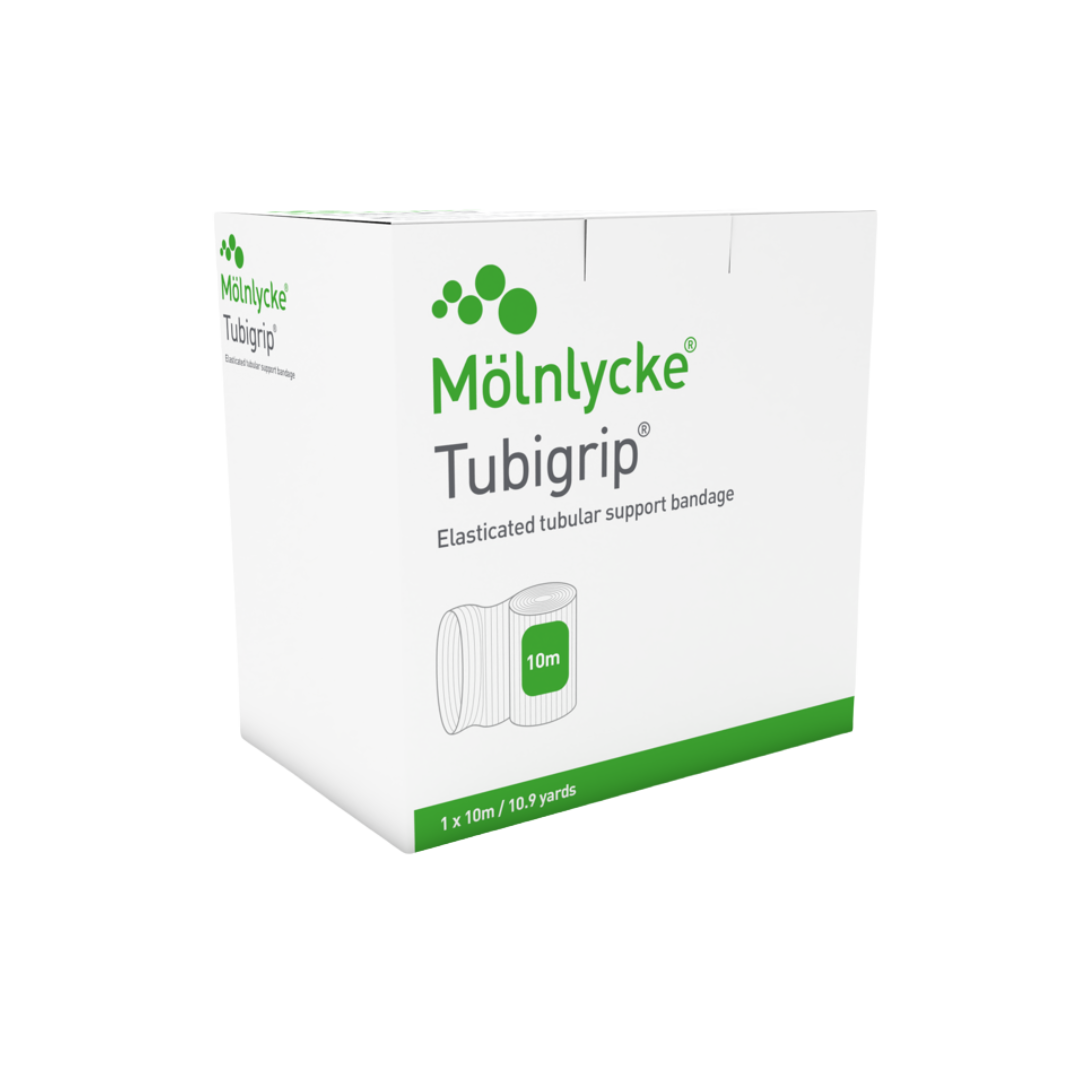 A white box for Mölnlycke Tubigrip Elasticated tubular support bandage, indicating 1 x 10m / 10.9 yards.