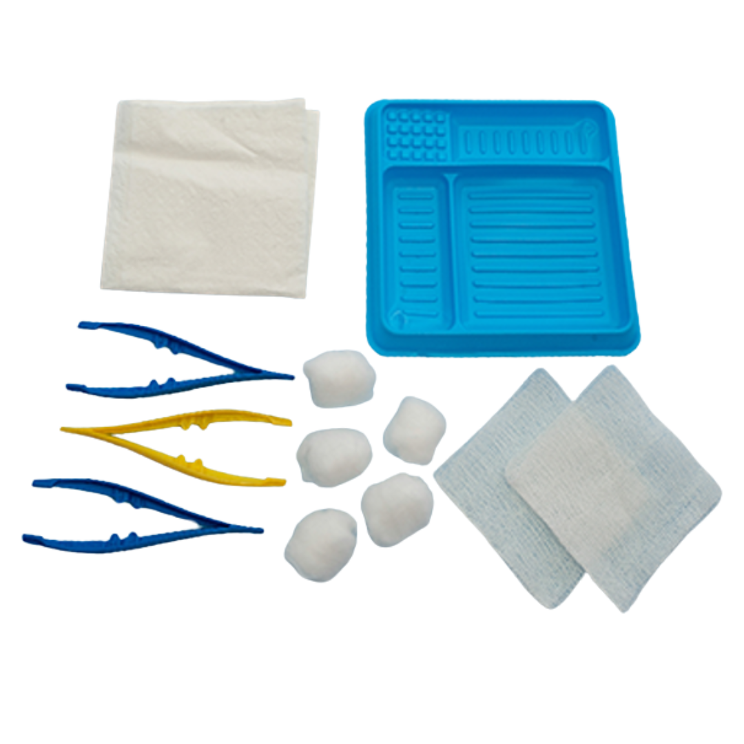 A close-up of the Multigate Basic Dressing Pack contents: blue dressing tray, three pairs of forceps, cotton balls, gauze swabs, and a disposable towel.