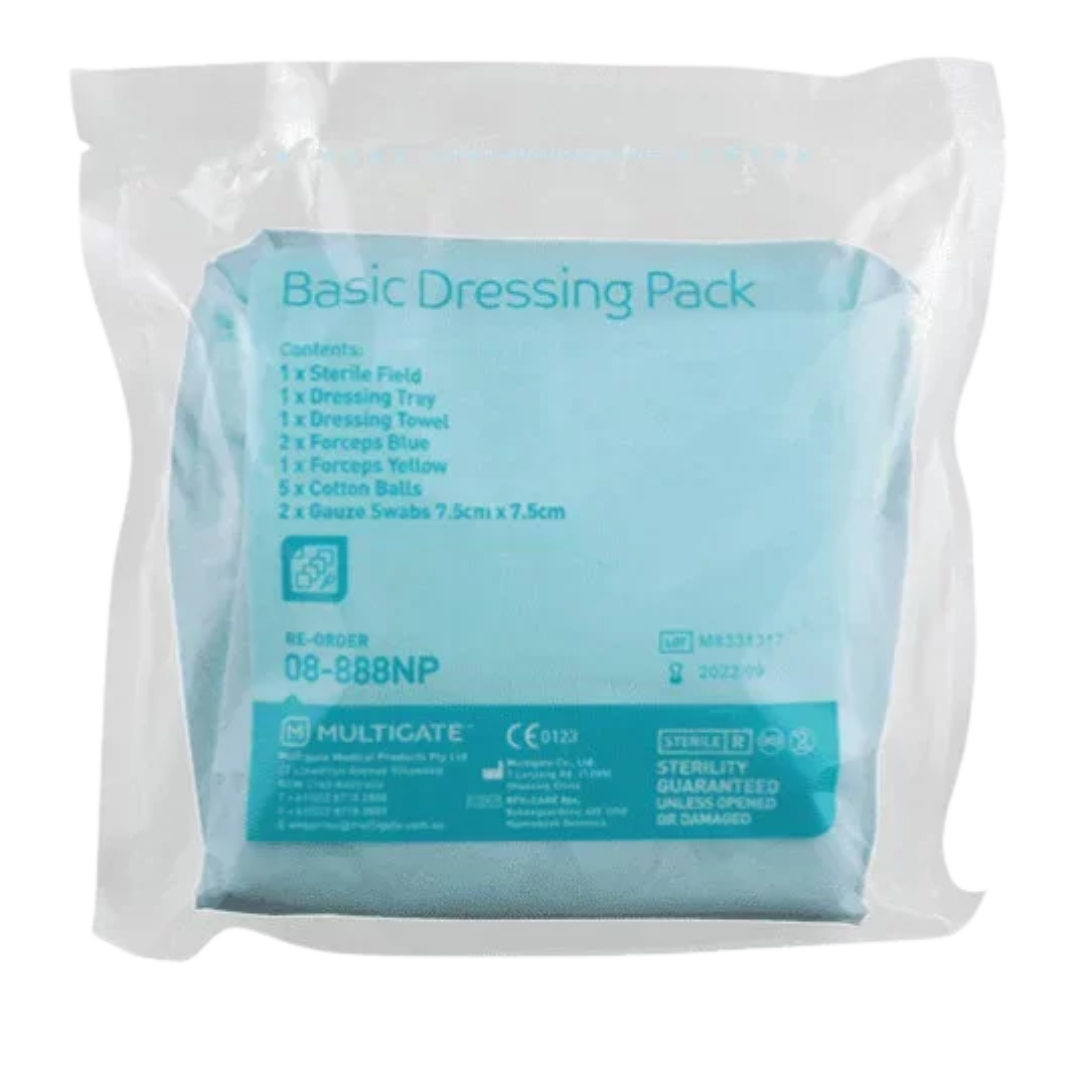 Multigate Basic Dressing Pack sterile packaging showing contents: sterile field, dressing tray, towel, forceps (blue/yellow), cotton balls, and gauze swabs.