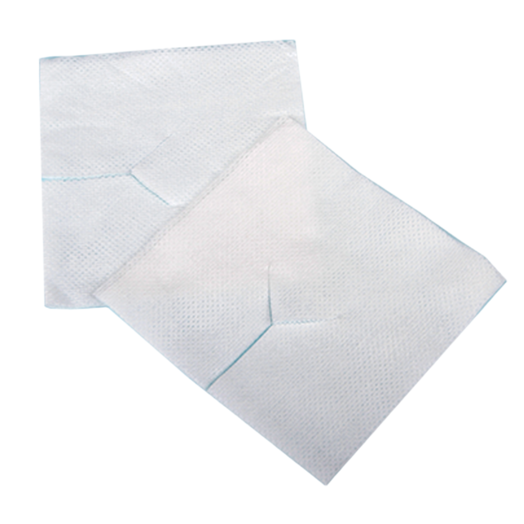 Two sterile Multigate 4-ply split gauze dressings displayed to show the non-woven texture and pre-cut slit.