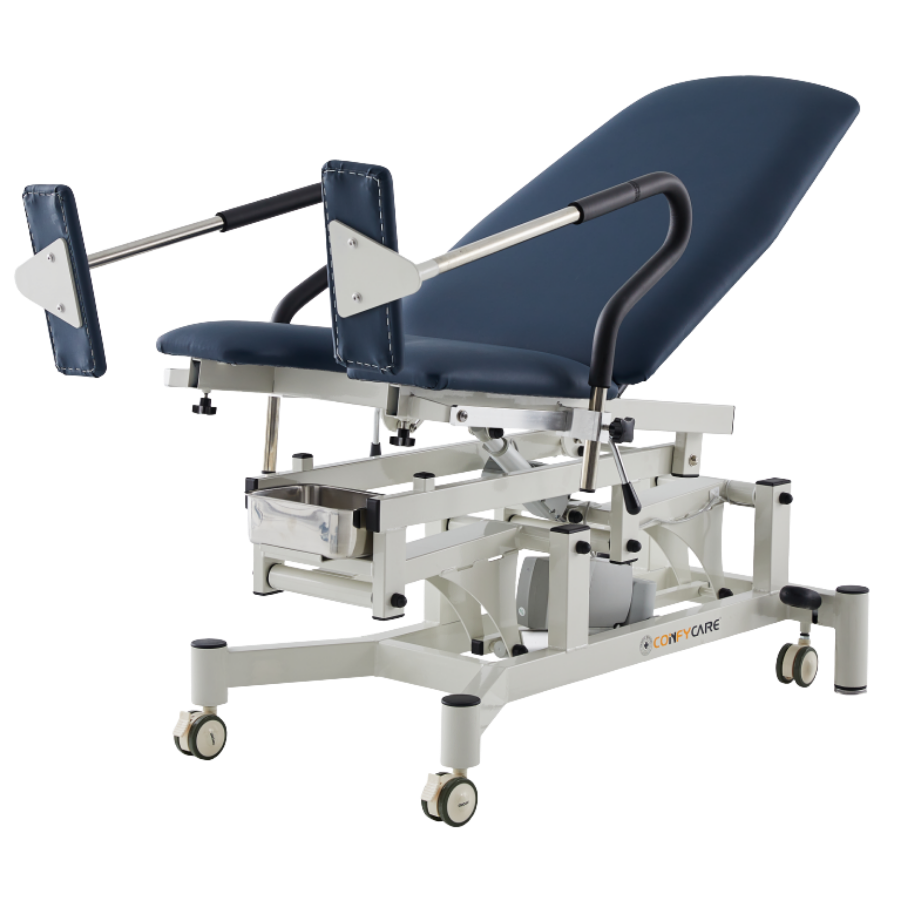 Navy Blue gynaecology examination couch shown with flat adjustable leg rests and a heavy-duty white medical frame.