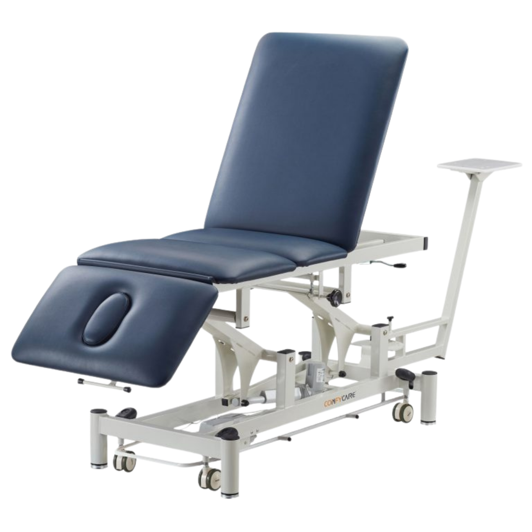 Side view of the Navy Blue Four Section Physio Traction Couch showing the adjustable head and leg sections.