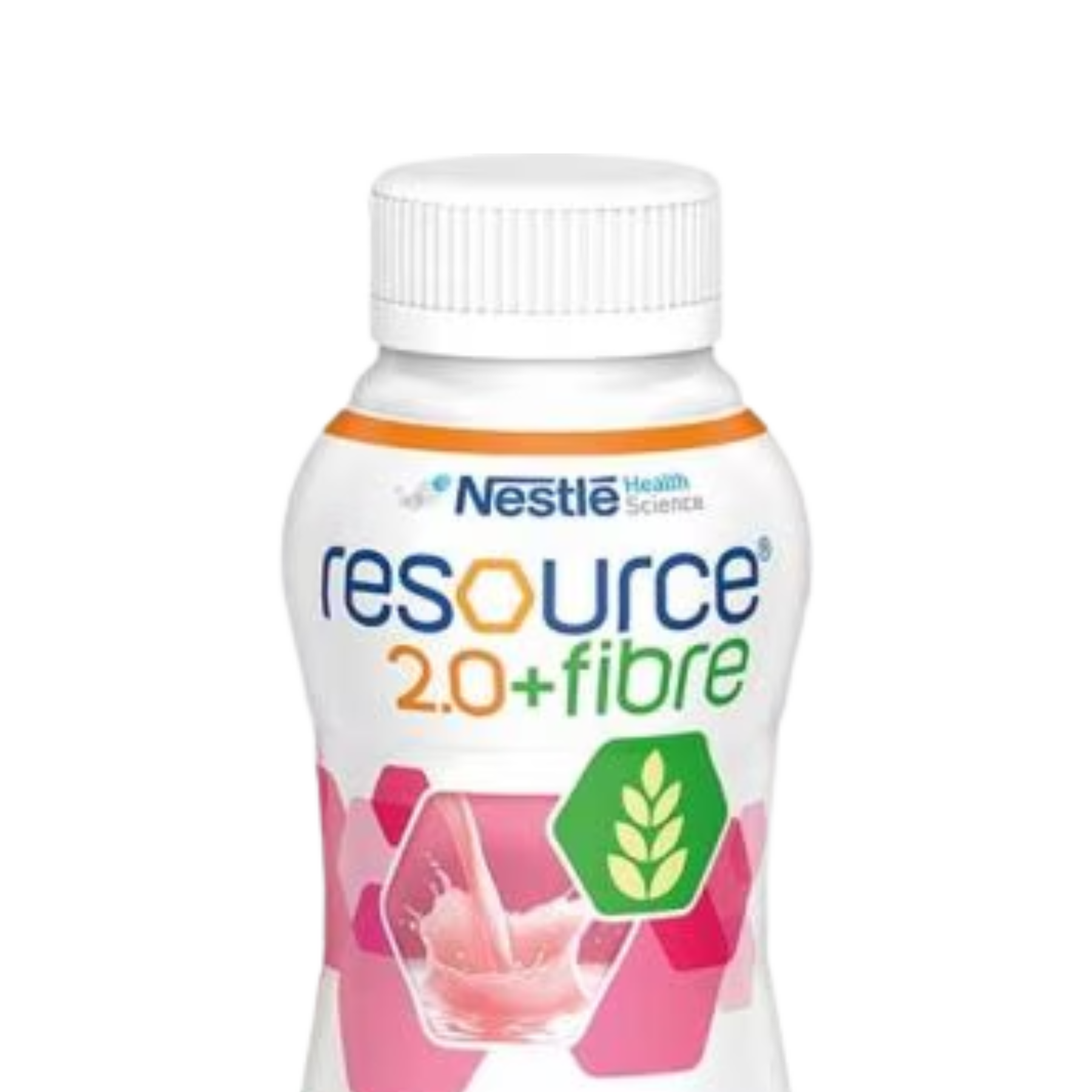 Front view of a Nestlé Resource 2.0 + Fibre Strawberry flavor bottle showing 400 kcal, 18g protein, and 5g fiber content.