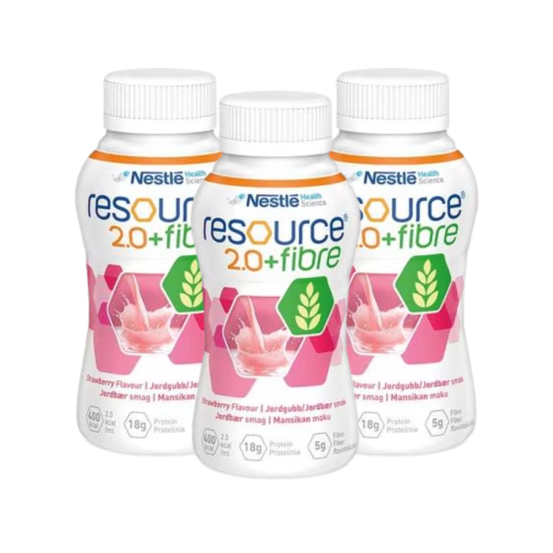 Three bottles of Nestlé Resource 2.0 + Fibre strawberry flavored nutritional supplement drink arranged together.