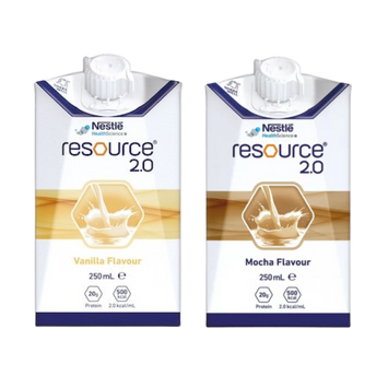 Two cartons of Nestlé Resource 2.0 nutritional drink in Vanilla and Mocha flavors side-by-side.