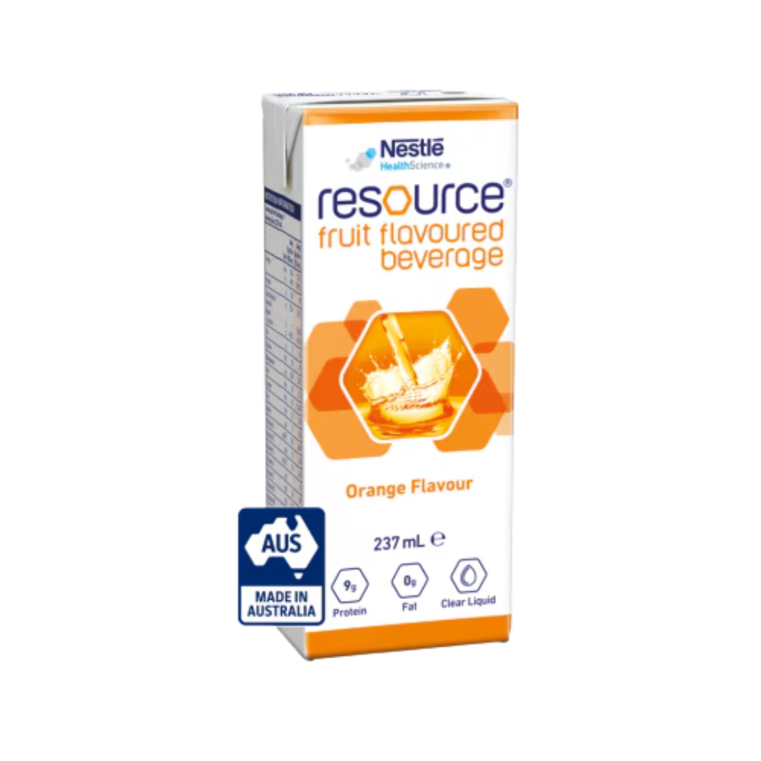 Nestlé Resource Fruit Flavoured Beverage Orange Flavour 237mL carton with Made in Australia label


