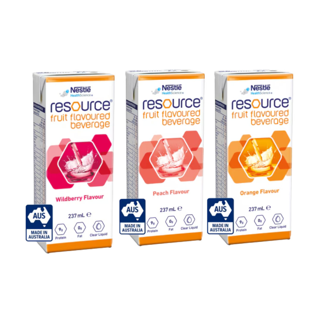 Nestlé Resource Fruit Flavoured Beverage in Wildberry, Peach, and Orange flavours, 237mL cartons with Made in Australia labels

