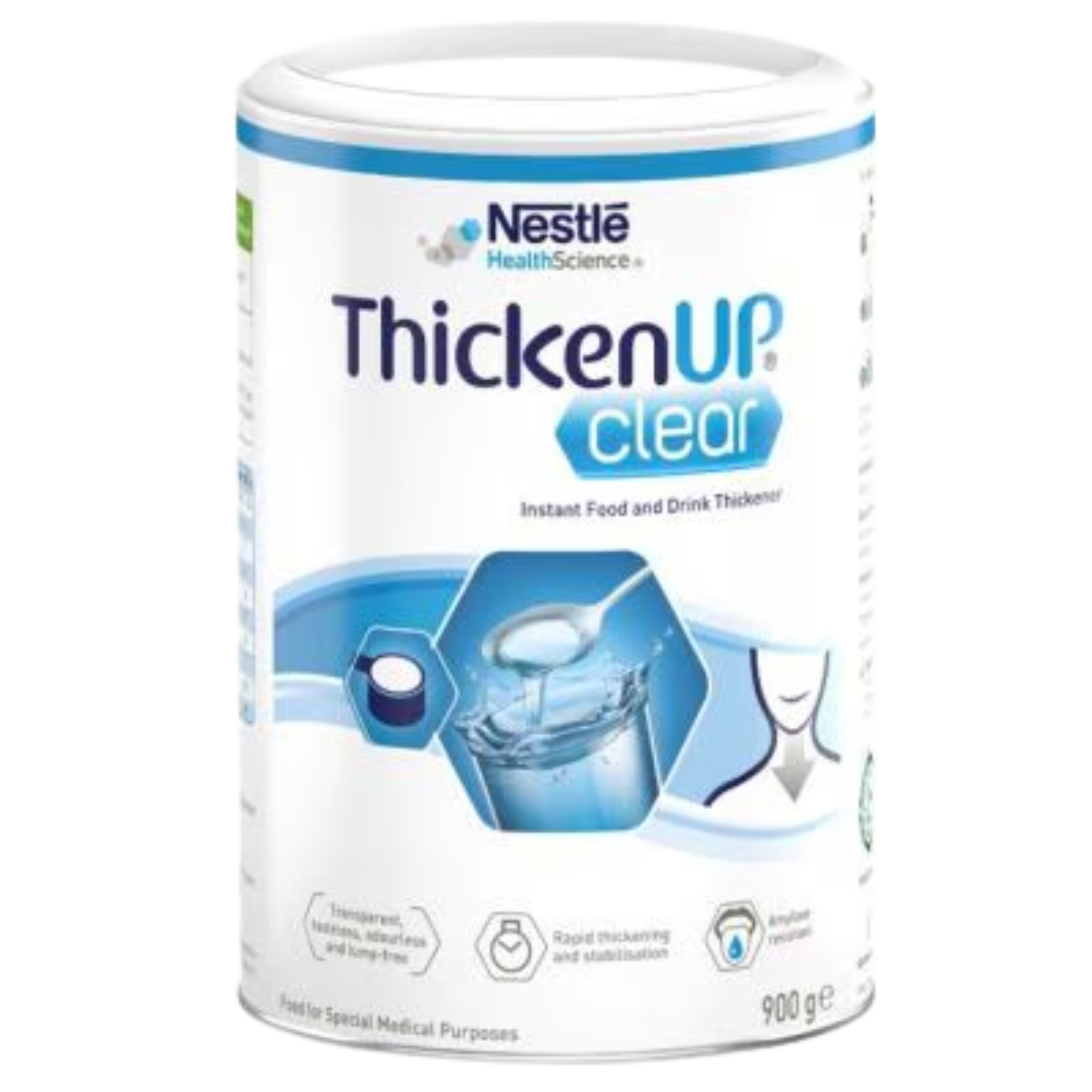 A 900g tin of Nestlé ThickenUp Clear instant food and drink thickener for special medical purposes.