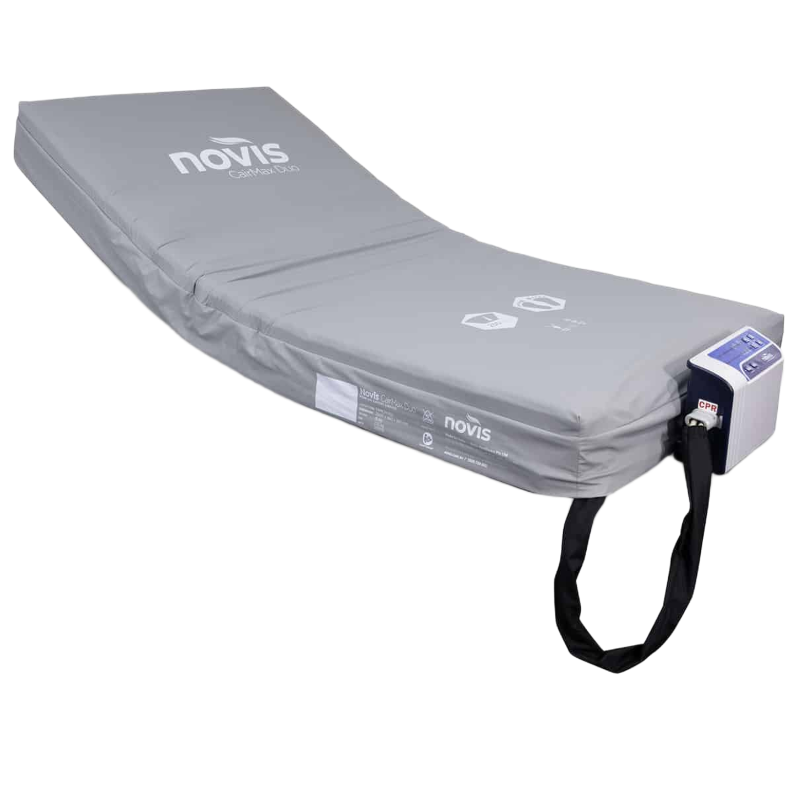Novis Healthcare CairMax Duo foam air support surface mattress in King Single size, featuring a grey top cover and side-mounted control pump.