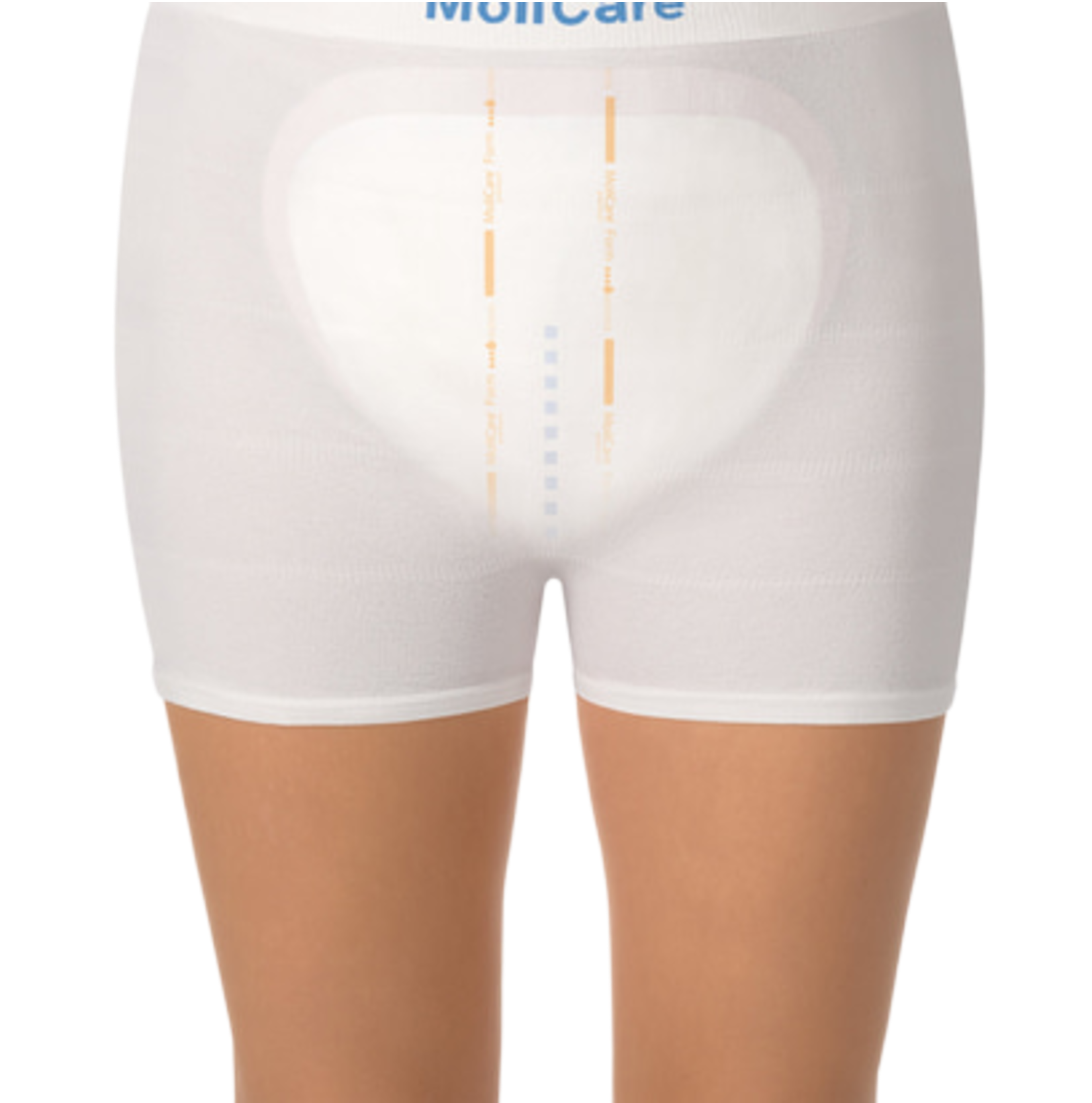 A close-up demonstration of a MoliCare Form shaped pad being worn inside white elastic fixation pants to show the secure fit and anatomical shape.