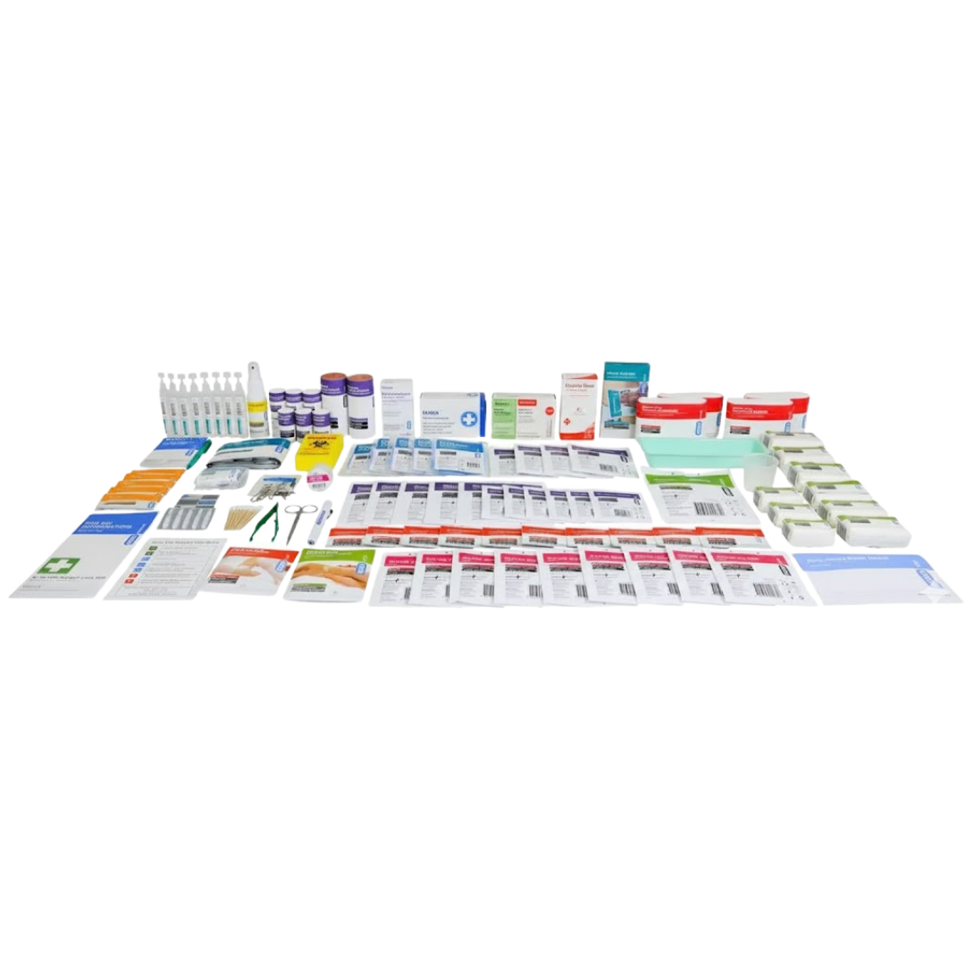 A flat-lay product image showing the extensive contents of the Operator Series 5 First Aid Kit arranged around the central green softpack case. Contents include multiple saline pods, scissors, tweezers, rolls of tape/bandages, numerous packaged wound dressings, and information sheets.