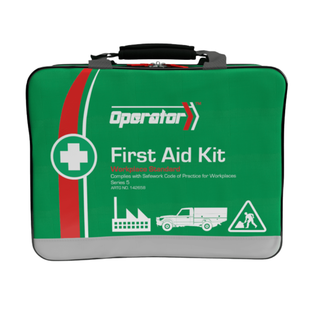 A close-up of the closed, green, softpack carry bag for the Operator Series 5 First Aid Kit. It is labeled as a Workplace Standard kit that complies with the Safe Work Code of Practice, and features icons for a factory, a utility vehicle (ute), and a worker with a warning triangle.