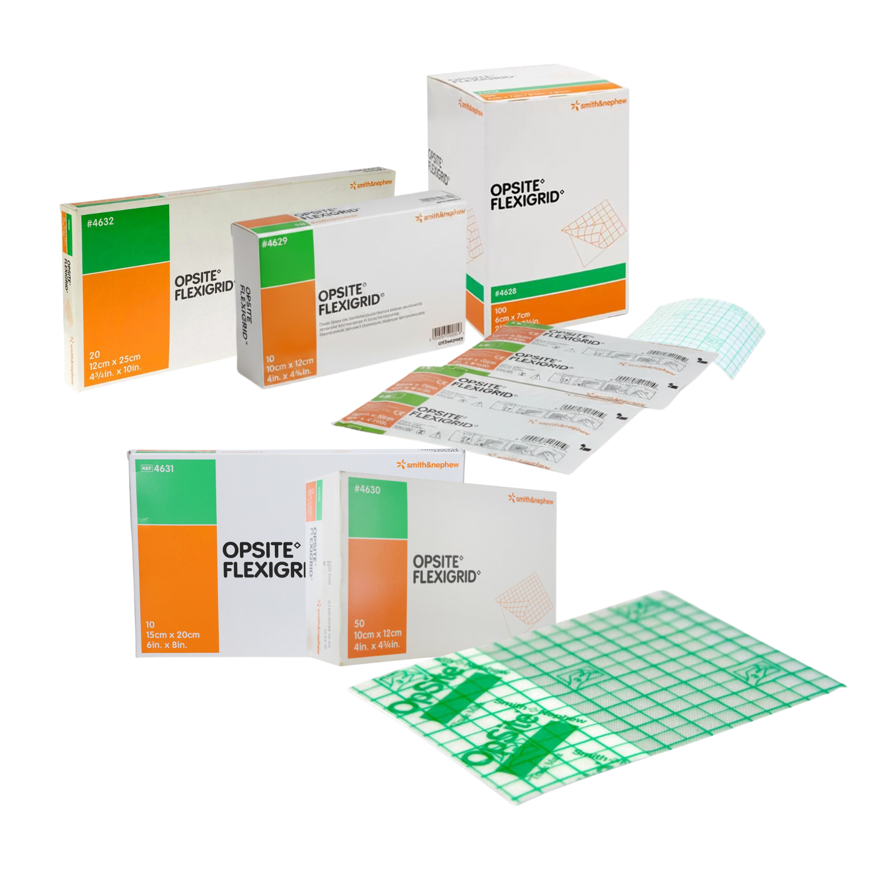 A collection of various sizes of Smith & Nephew Opsite Flexigrid dressings, showcasing boxes and individual transparent units.