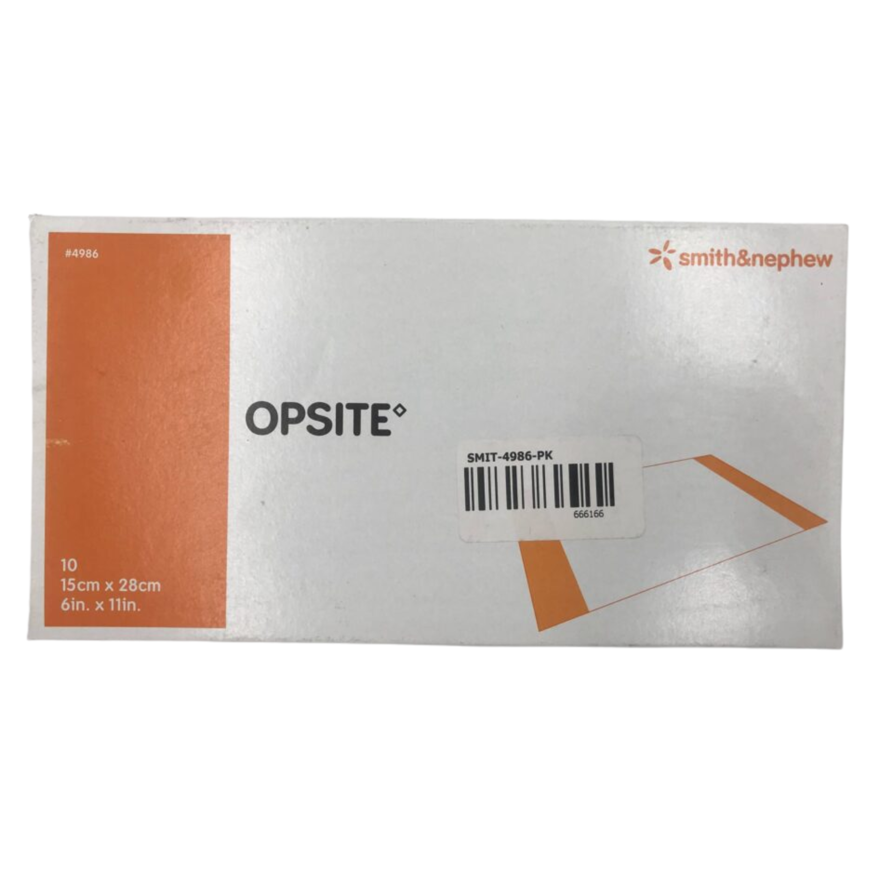 Front view of a Smith & Nephew Opsite Incise Drape box, reference number 4986, containing 10 drapes sized 15cm x 28cm.