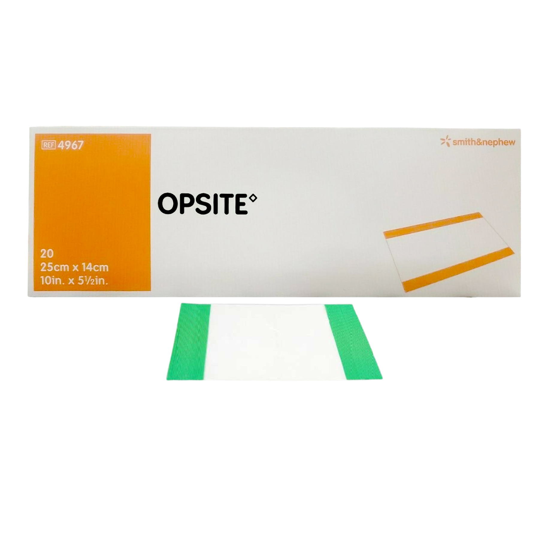 A box of Smith & Nephew Opsite Incise Drape (25cm x 14cm) displayed with one transparent adhesive drape featuring green handles.
