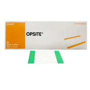 A box of Smith & Nephew Opsite Incise Drape (25cm x 14cm) displayed with one transparent adhesive drape featuring green handles.