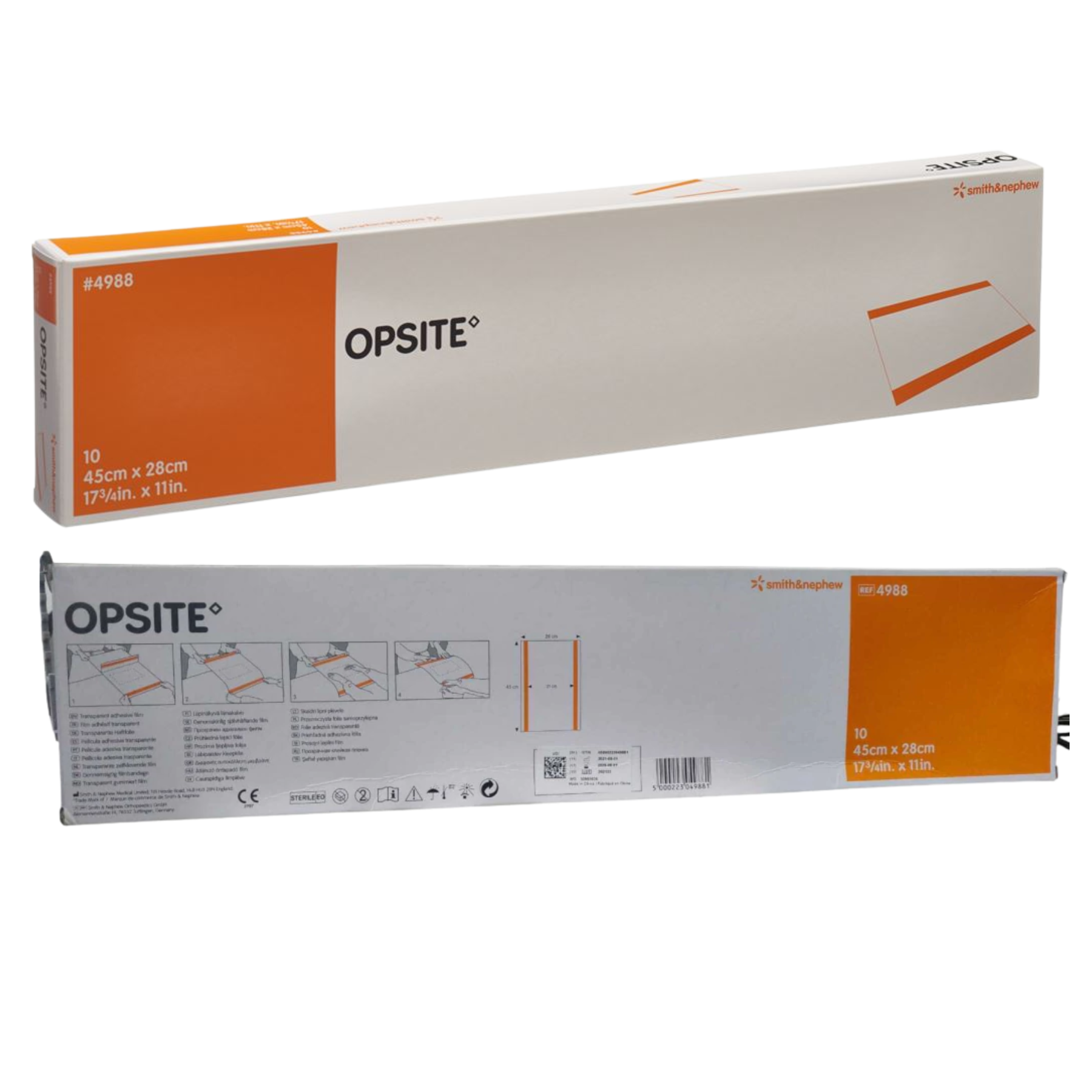 Front and back view of Opsite Incise Drape box, reference 4987, size 30cm x 28cm (11 3/4in x 11in).