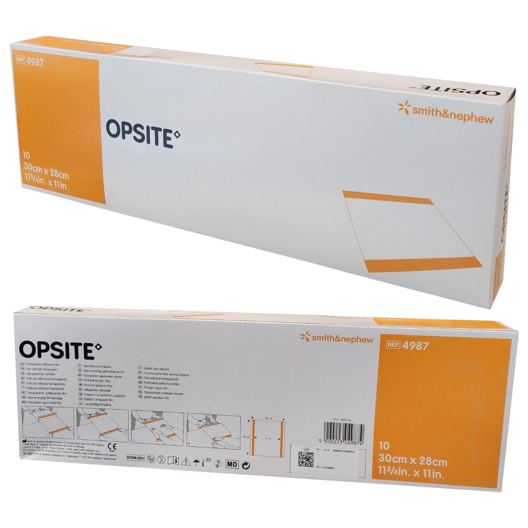 Packaging for Smith & Nephew Opsite 4988, 45cm x 28cm (17 3/4in x 11in), showing the front branding and back technical details.