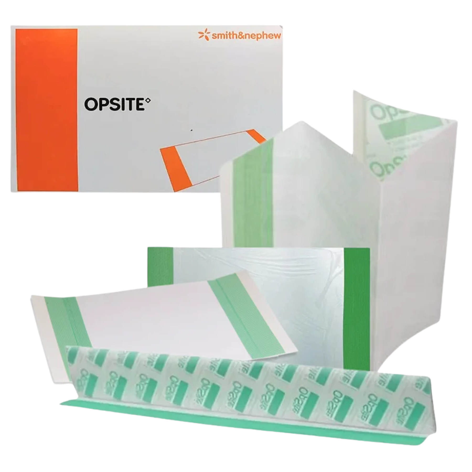Opsite Incise Drapes shown in various stages of unfolding, highlighting the green application handles and the transparent adhesive film.